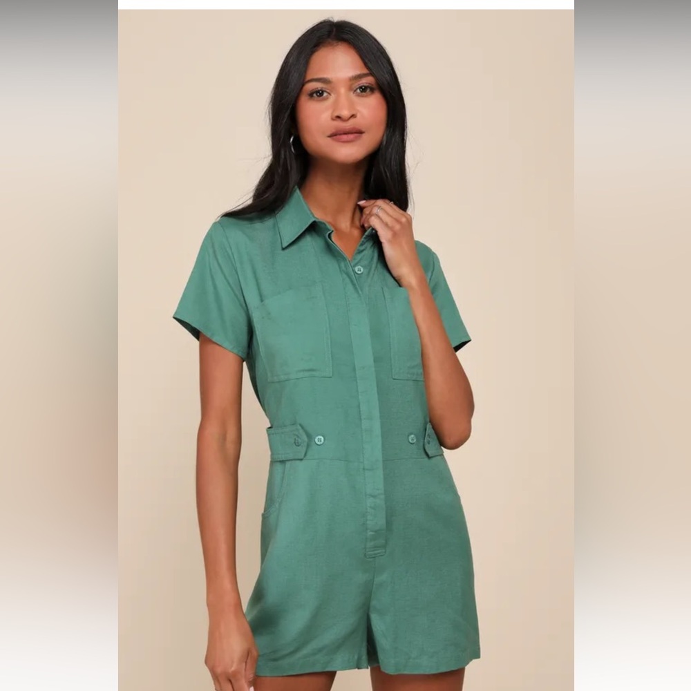 Lulu’s Cuteness Awaits Green Linen Collared Short Sleeve Romper